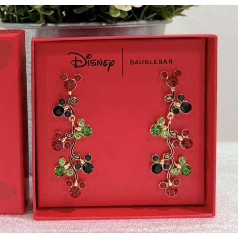 Disney x BaubleBar Mickey Mouse Christmas Holiday Dangle Earrings Red Green NIB
